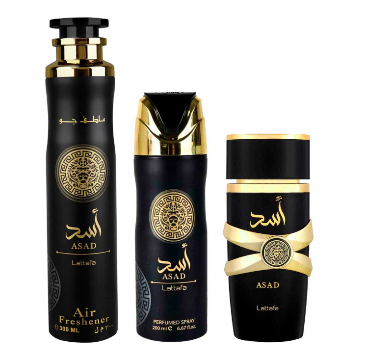 LATTAFA ASAD SET 3 PZS 100ML + REFRESCADOR PARA CABELLO 50ML + PERFUME SPRAY 200ML