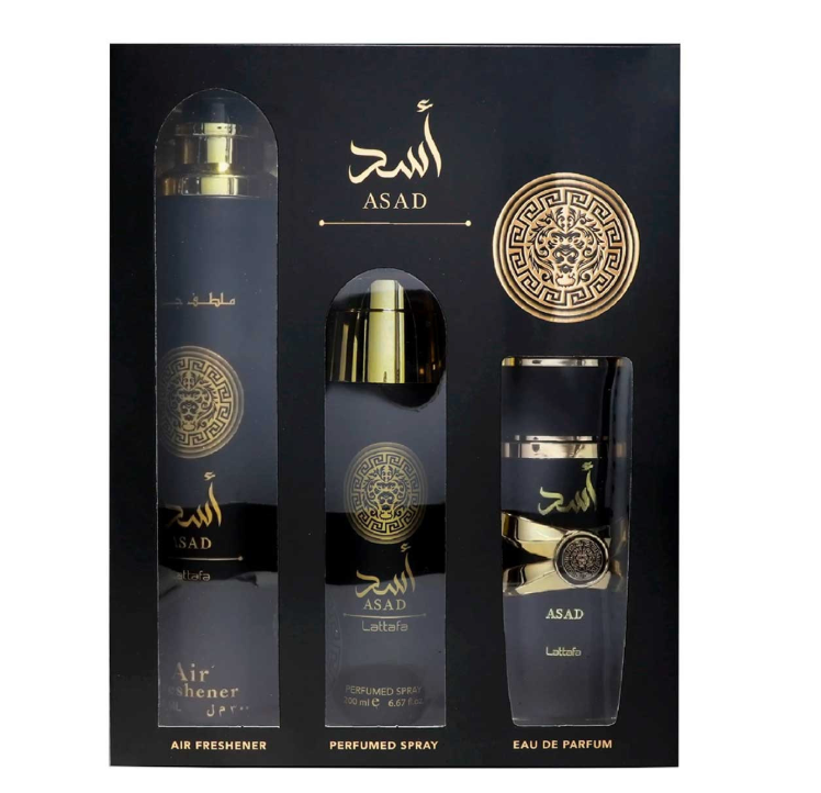 LATTAFA ASAD SET 3 PZS 100ML + REFRESCADOR PARA CABELLO 50ML + PERFUME SPRAY 200ML