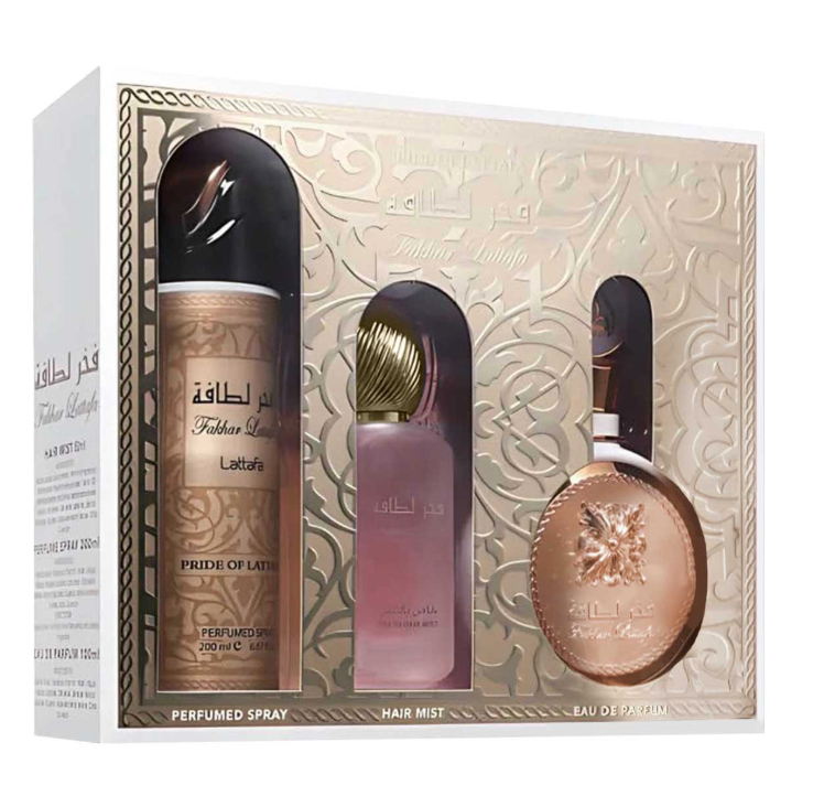 LATTAFA FAKHAR ROSE SET 3 PZS 100ML + PERFUME SPRAY 200ML + HAIR MIST 50ML