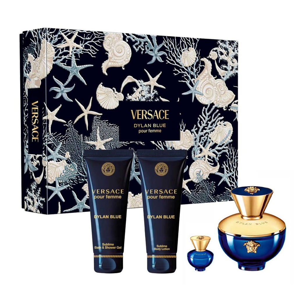 VERSACE POUR FEMME DYLAN BLUE ESTUCHE 4 PIEZAS DAMA – EDP 100ML + SHOWER GEL 100ML + BODY LOTION 100ML + MINIATURA 5ML
