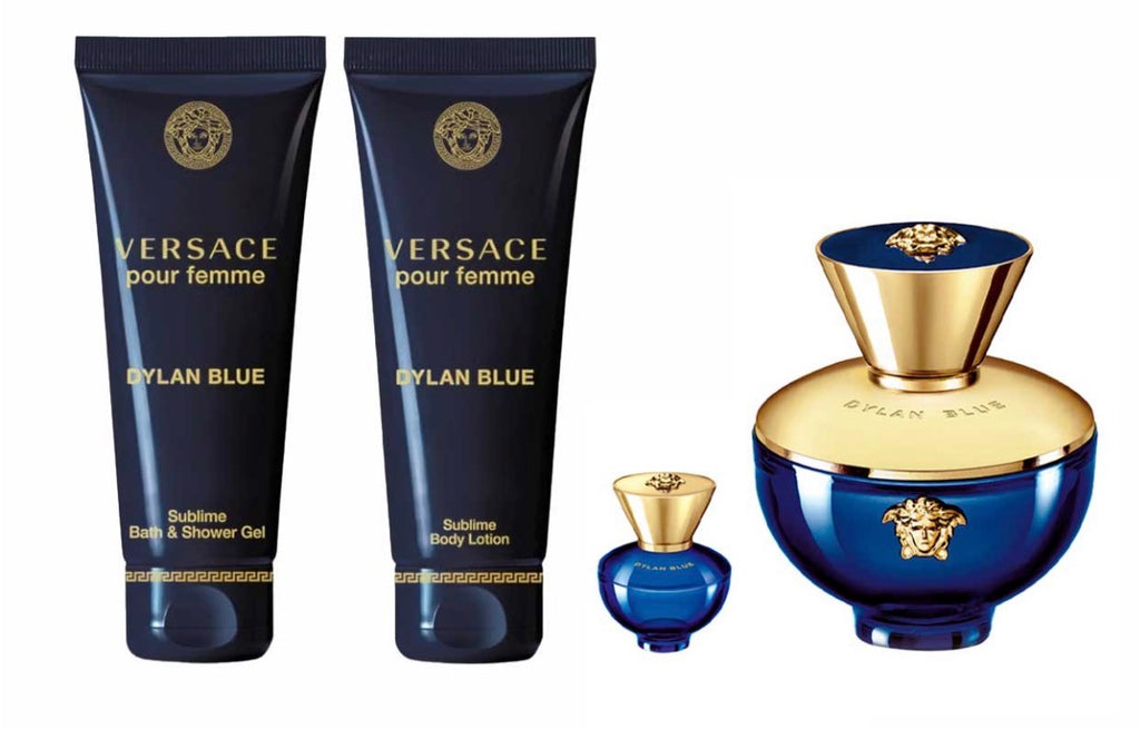 VERSACE POUR FEMME DYLAN BLUE ESTUCHE 4 PIEZAS DAMA – EDP 100ML + SHOWER GEL 100ML + BODY LOTION 100ML + MINIATURA 5ML