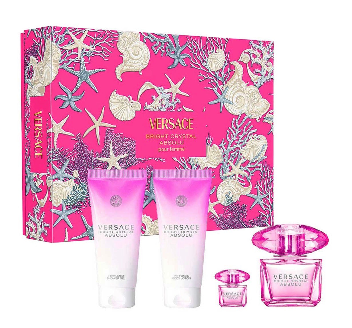 VERSACE BRIGHT CRYSTAL ABSOLU ESTUCHE 4 PIEZAS DAMA – EDP 90ML + SHOWER GEL 100ML + BODY LOTION 100ML + MINIATURA 5ML