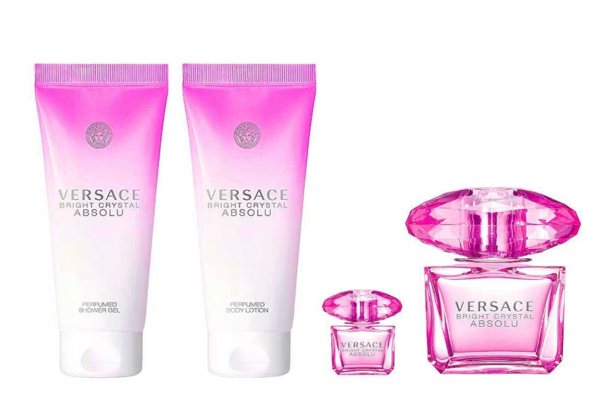 VERSACE BRIGHT CRYSTAL ABSOLU ESTUCHE 4 PIEZAS DAMA – EDP 90ML + SHOWER GEL 100ML + BODY LOTION 100ML + MINIATURA 5ML